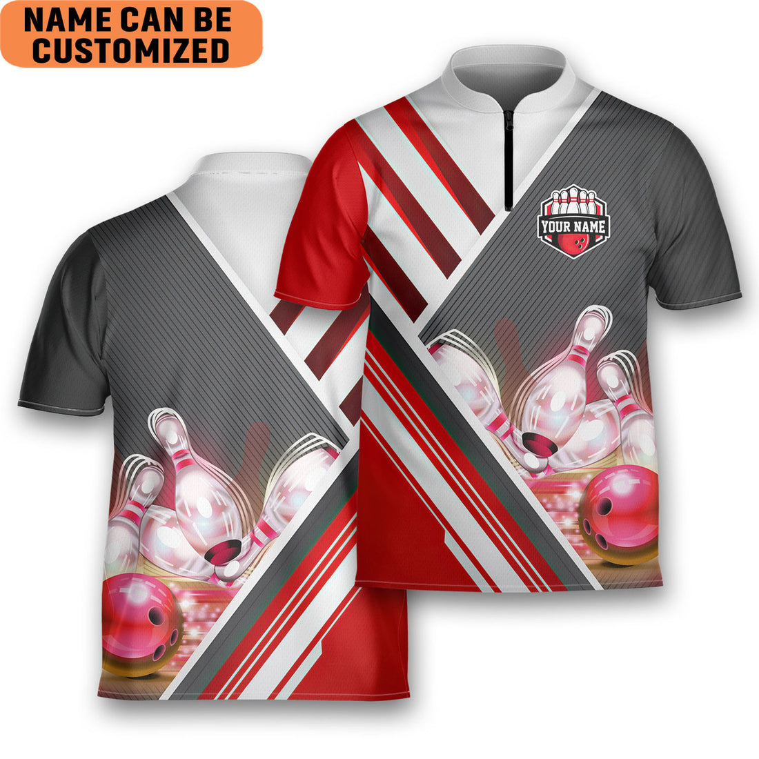 Custom Personalized Name Retro Red Sport Bowling Game Team Bowling Jersey Zipper Shirt
