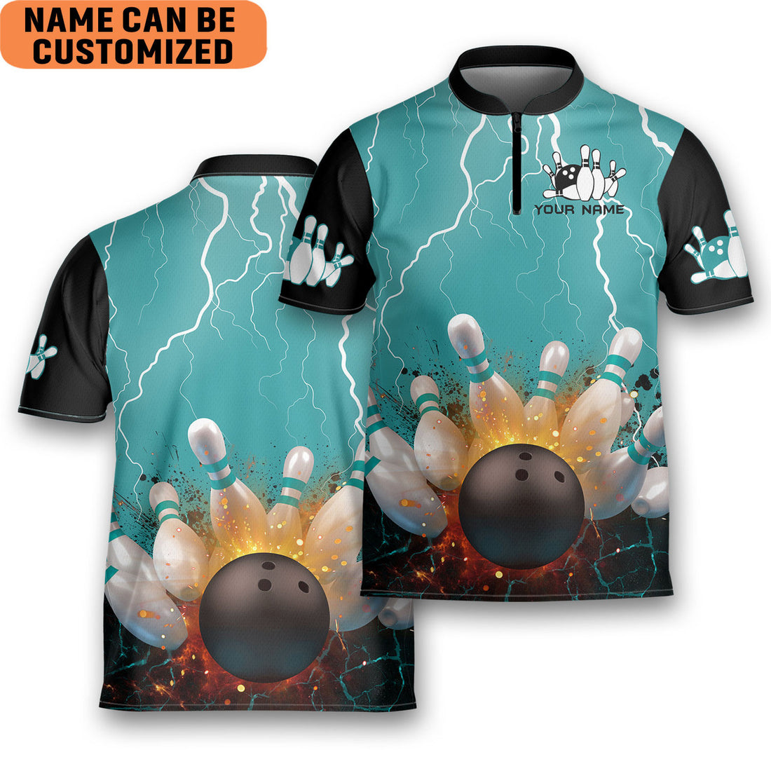 Custom Bowling Fire Lighting Blue Personalized Game Team Bowling Jersey Zipper