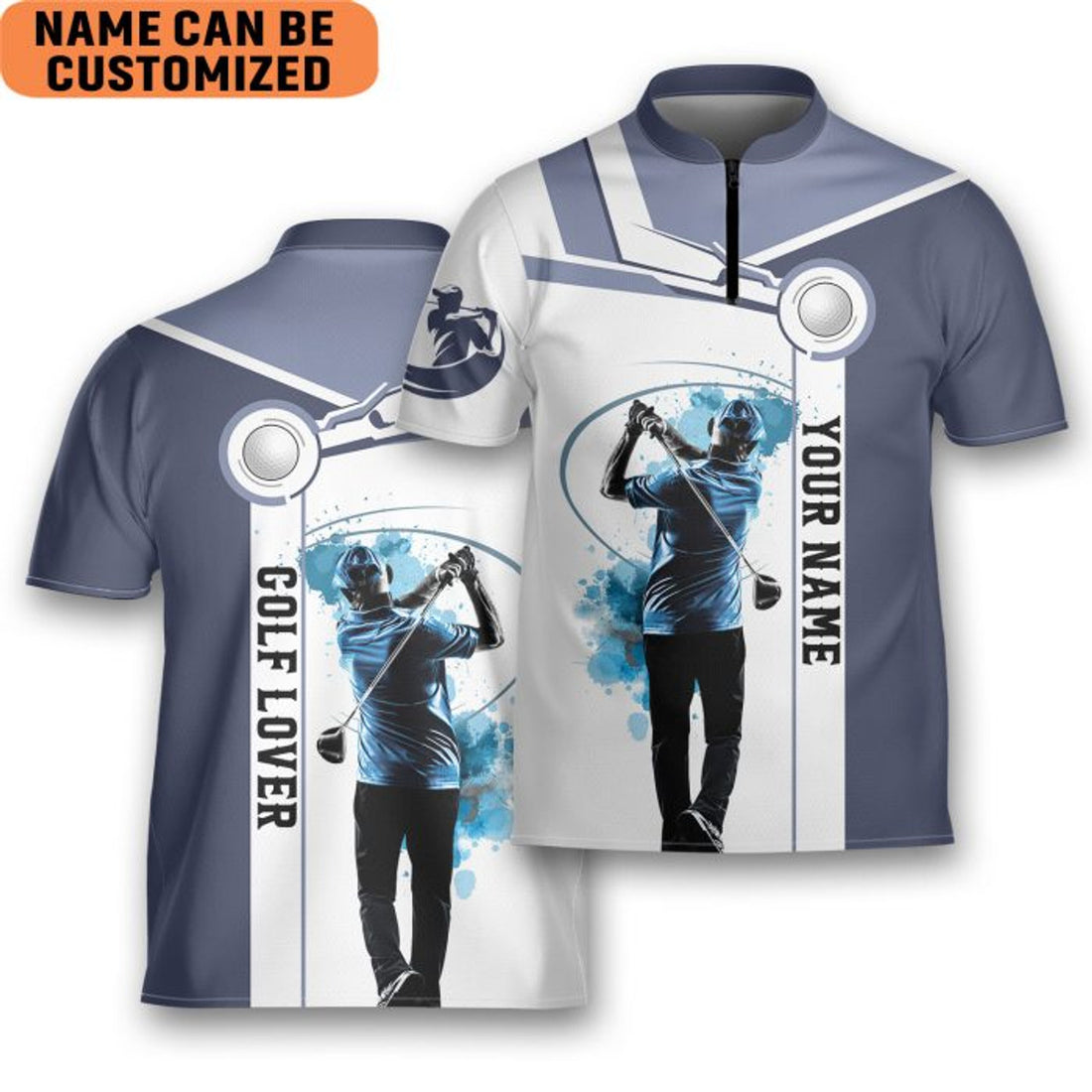 Custom Blue Golf Lover White/Blue Golf Golfing Mandarin Zipper Jersey