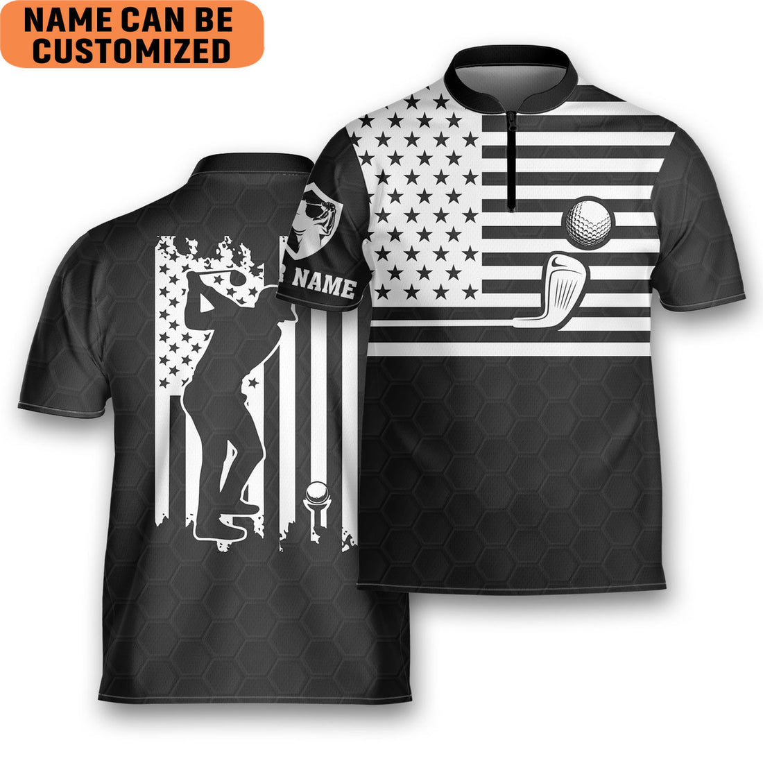 Custom Personalized Funny Golf, American Flag Golfer Golfing Mandarin Zipper Jersey