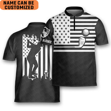 Custom Personalized Funny Golf, American Flag Golfer Golfing Mandarin Zipper Jersey