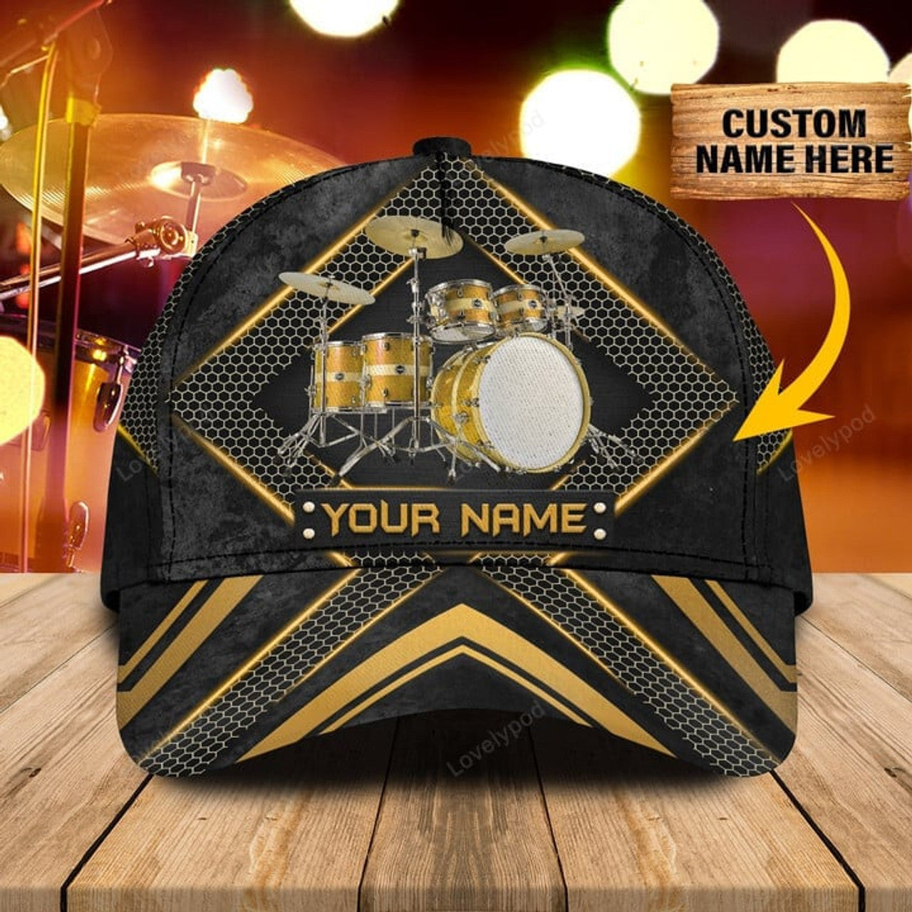 FUNSTUFFPRINT Personalized Name Drum Black and gold Classic Cap, Drum hat for men and women
