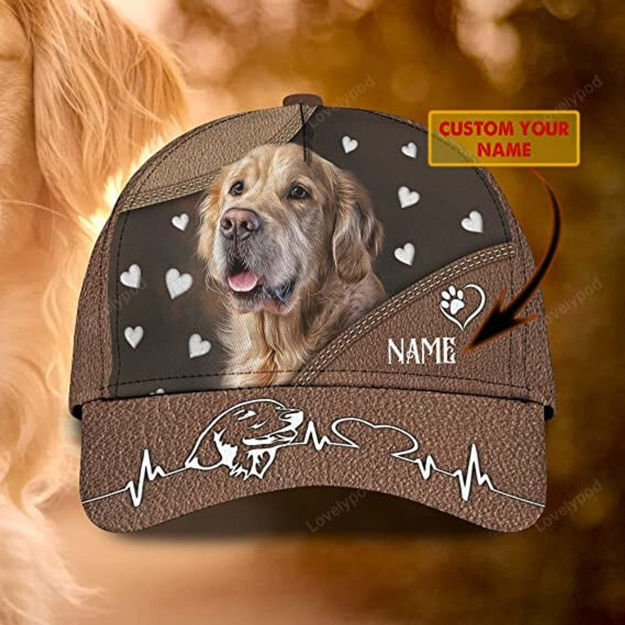 FUNSTUFFPRIT Golden Retriever With Heartbeat Print Hat for Dog Lovers Mens Women's 3D classic cap