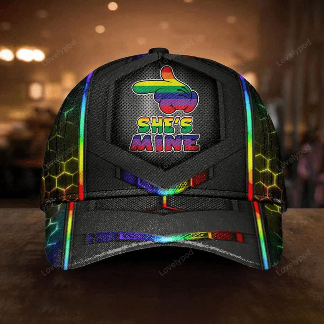 FUNSTUFFPRIT LGBT Pride Cap She's Mine Rainbow Hand Hexagonal Texture Printing 3D Baseball Cap Hat