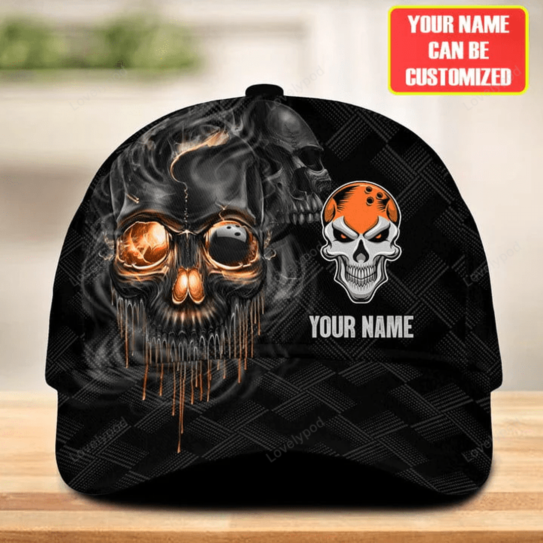 FUNSTUFFPRINT Personalized Name Orange Skull Bowling Classic Cap for Men, Bowling cap hat, Gift for Bowling player