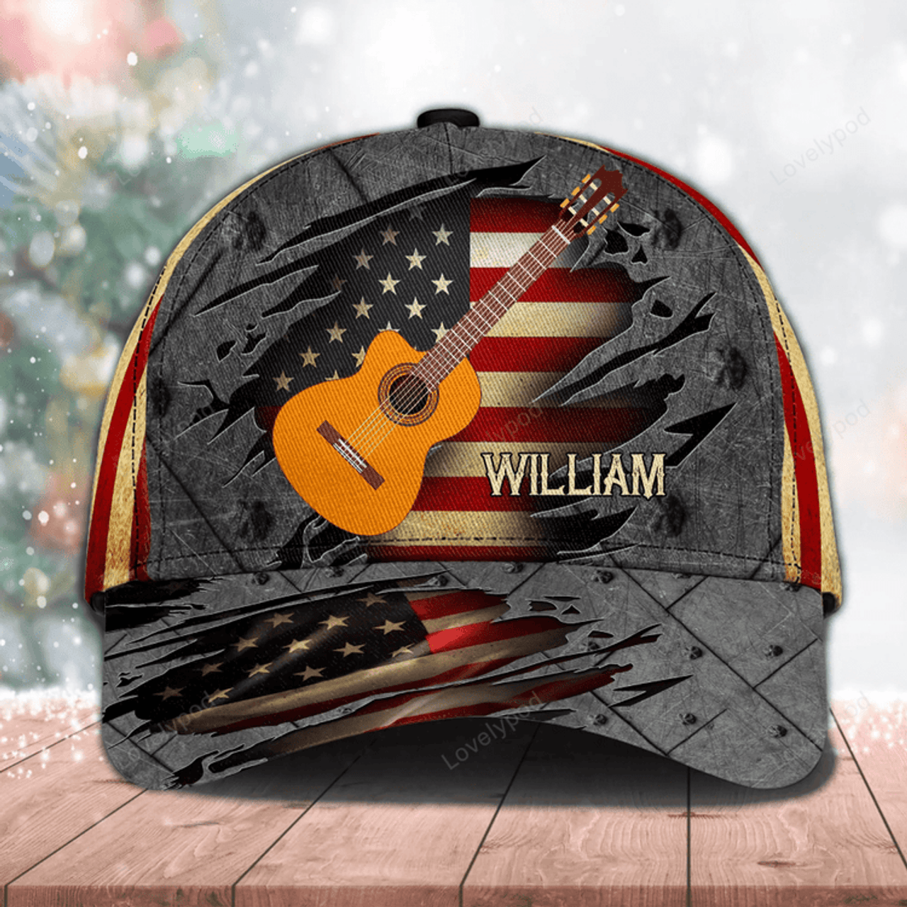 FUNSTUFFPRIT Guitar American Flag With Metal Pattern Personalized Classic Cap, Gift for Music Lovers, Guitar Lovers