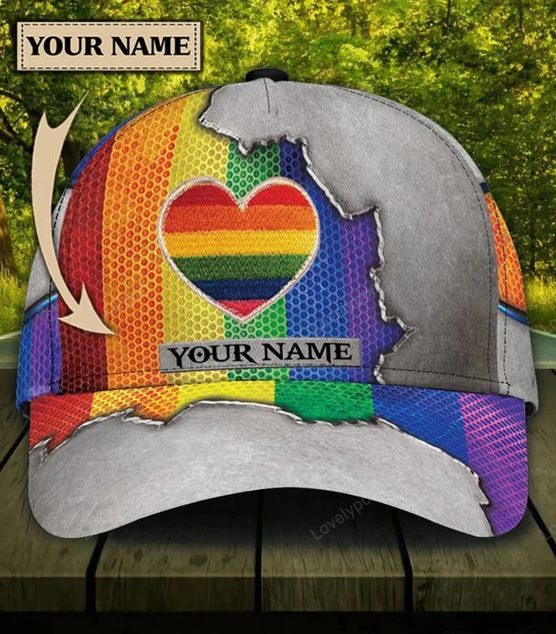FUNSTUFFPRIT Custom Name Colorful Heart Pride Cap For Couple Gay Man, Be Strong Lgbt Printing Baseball Cap Hat