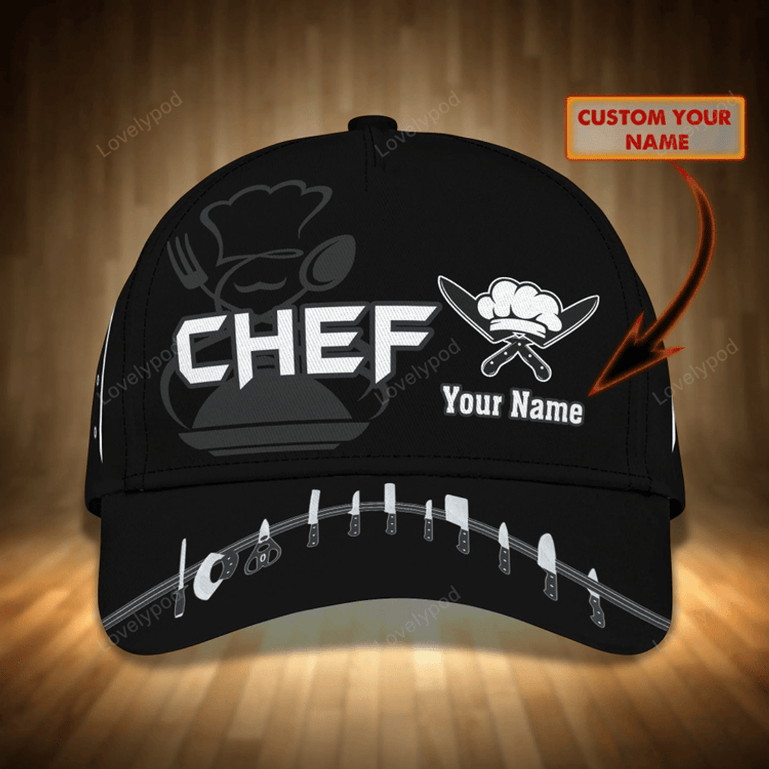 FUNSTUFFPRIT Personalized Black Baseball Chef Cap, 3D All Over Printed Classic Chef Hat, Chef Cap, Present To Master Chef