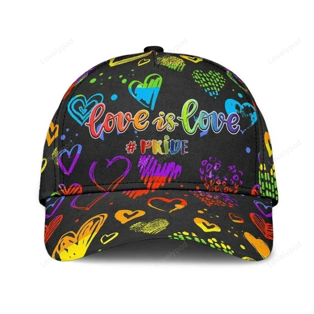 FUNSTUFFPRIT Pride Cap, Hand Drawn Heart Love Is Love LGBT Printing 3D Baseball Cap Hat, Gay Gifts