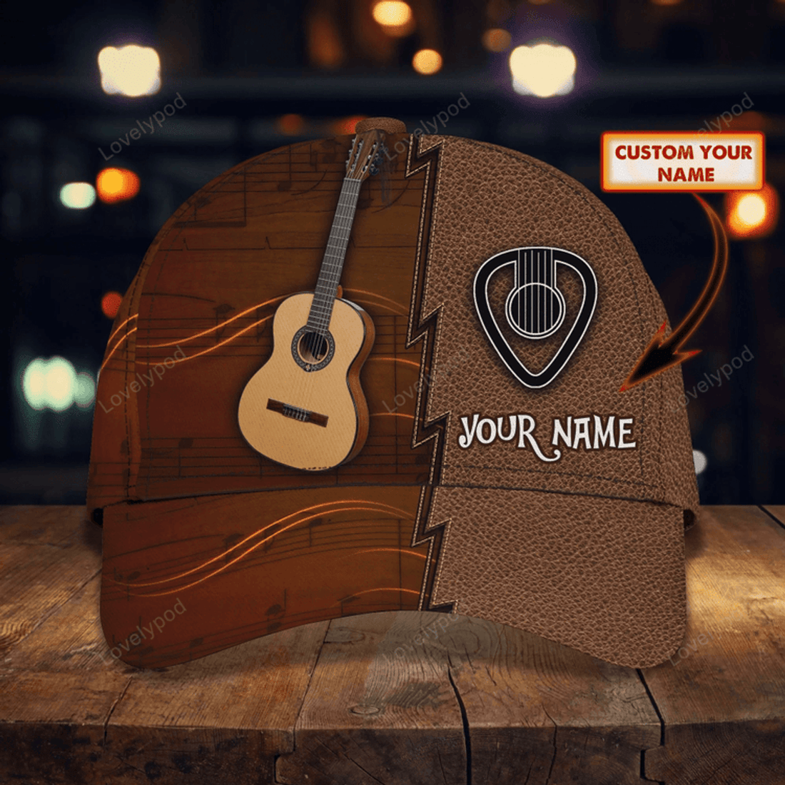 FUNSTUFFPRIT Personalized Brown Guitar Baseball Cap Hat For Musican And Guitarist, Classic Cap With Guitar Leather Pattern