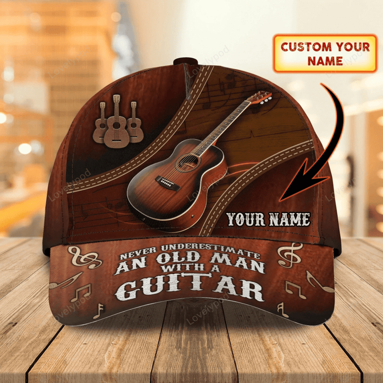 FUNSTUFFPRIT Custom With Name A Baseball 3D Cap Hat, Never Underestimate An Old Man With A Guitar, Guitarist Gifts