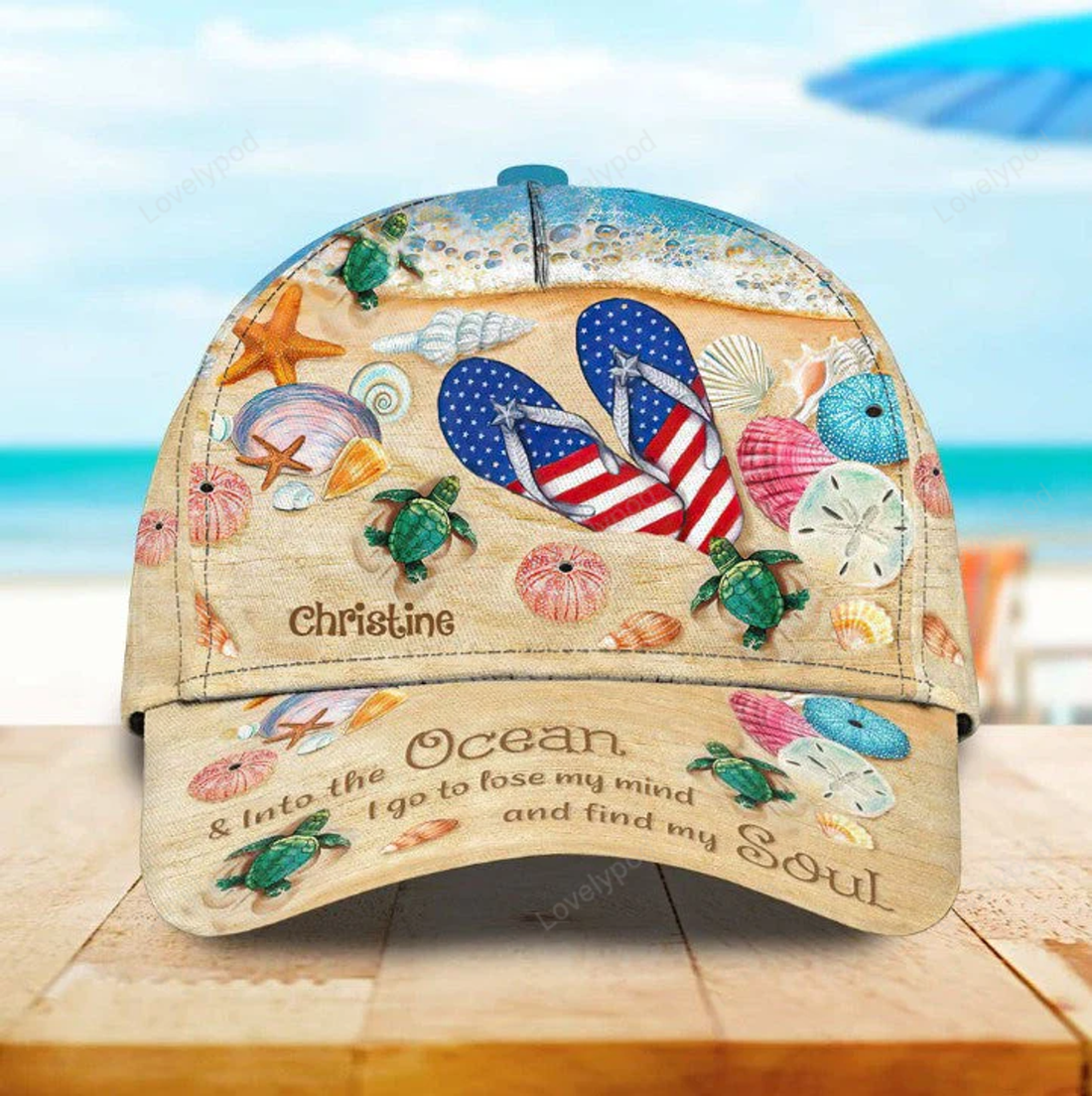 FUNSTUFFPRIT Summer Personalized Seashell Beach Turtle 3D Baseball Cap for Girl, Beach Turtle Hat for Daughter