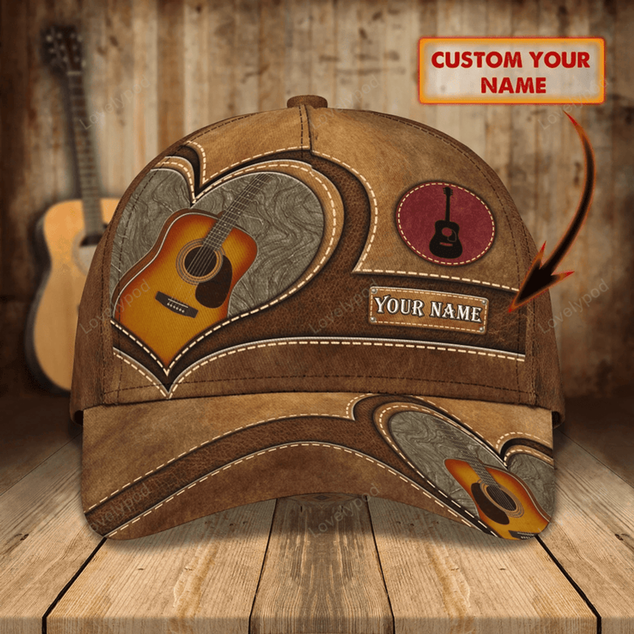 FUNSTUFFPRIT Baseball Guitar Cap Hat For Travel Summer, Guitar Cap Leather Brown Pattern, Best Gift To Guitarist