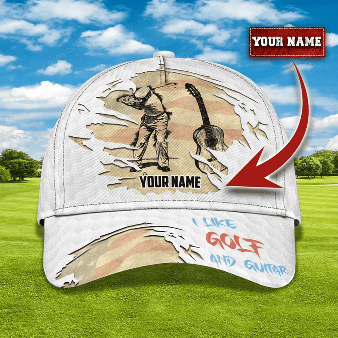 FUNSTUFFPRIT Custom With Name Baseball Cap For Golfer, I Like Golf And Guitar 3D Cap Hat, Golf Hat Mens