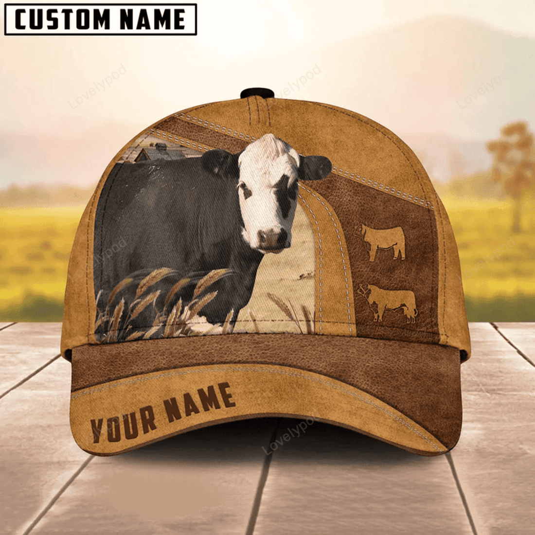 FUNSTUFFPRINT Custom Name Black Hereford Cap, Cow Baseball Hat For Farmer, Gift for cow lover