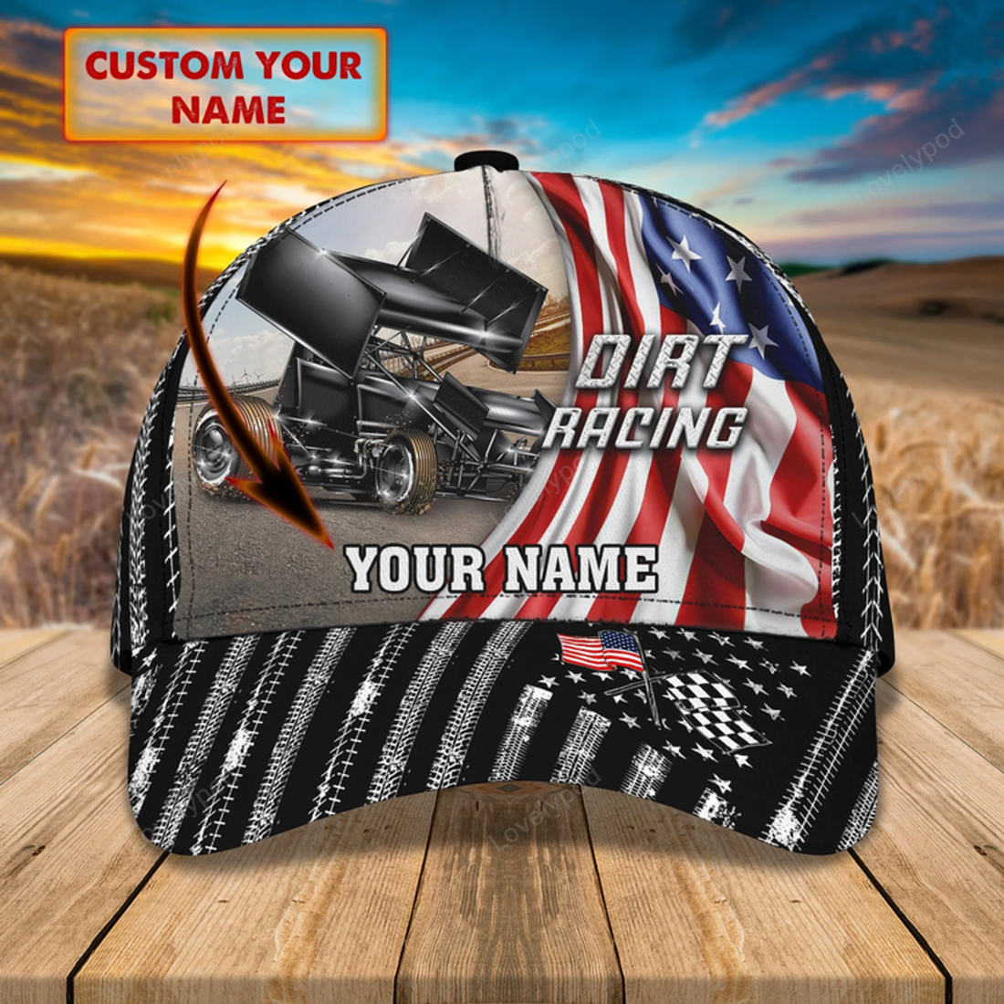 FUNSTUFFPRINT Personalized With Name Dirt Racing 3D Classic Cap Hat, Racing In Usa Flag Baseball Cap Hat