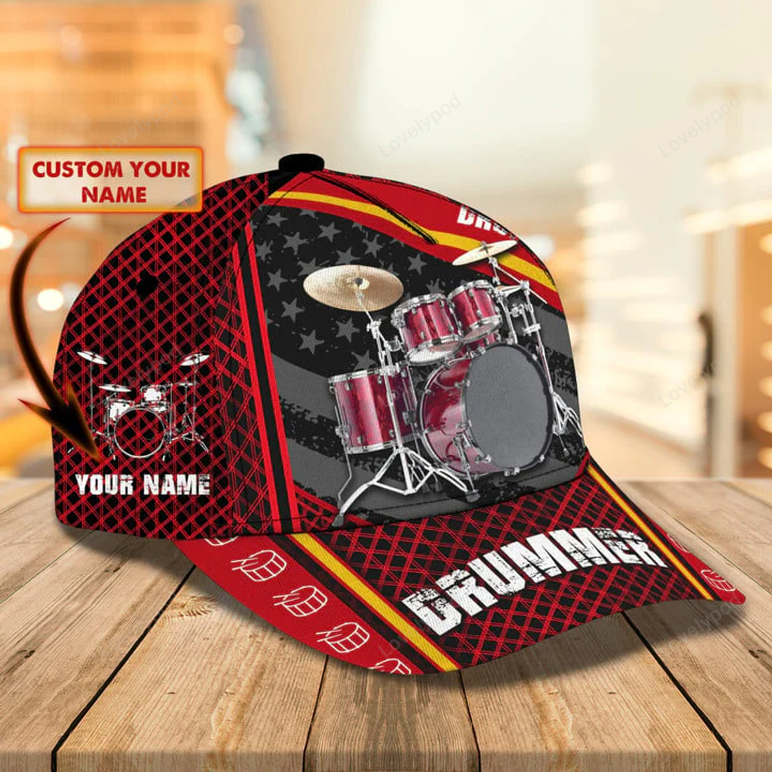 FUNSTUFFPRINT Personalized Name Drum Red Classic Cap, Drum hat for men and women