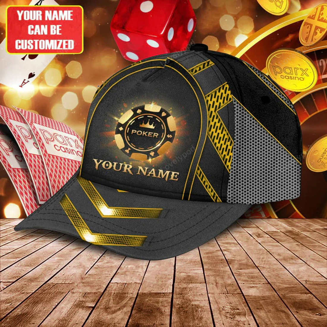 FUNSTUFFPRINT Personalized Name Poker Gold Classic Cap, Poker hat for men and women