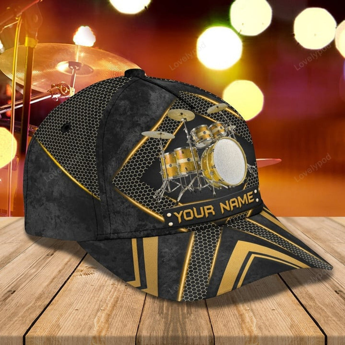 FUNSTUFFPRINT Personalized Name Drum Black and gold Classic Cap, Drum hat for men and women