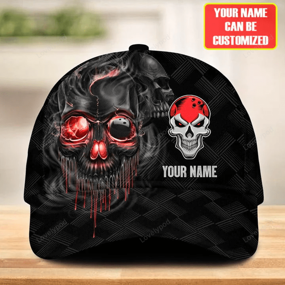 FUNSTUFFPRINT Personalized Name Orange Skull Bowling Classic Cap for Men, Bowling cap hat, Gift for Bowling player