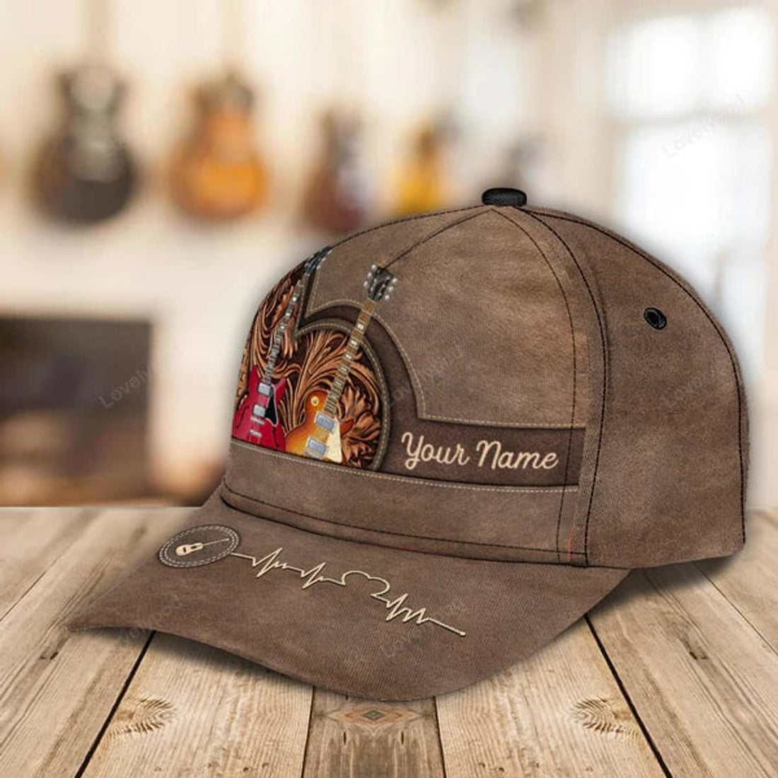 FUNSTUFFPRIT Brown Heart Personalized Guitar Cap, Gift for Music Lovers, Guitar Lovers