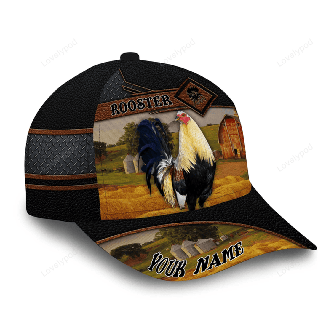 FUNSTUFFPRIT Personalized 3D All Over Print Rooster Cap Hat, Premium Rooster Leather Cap, Chicken Hat Cap