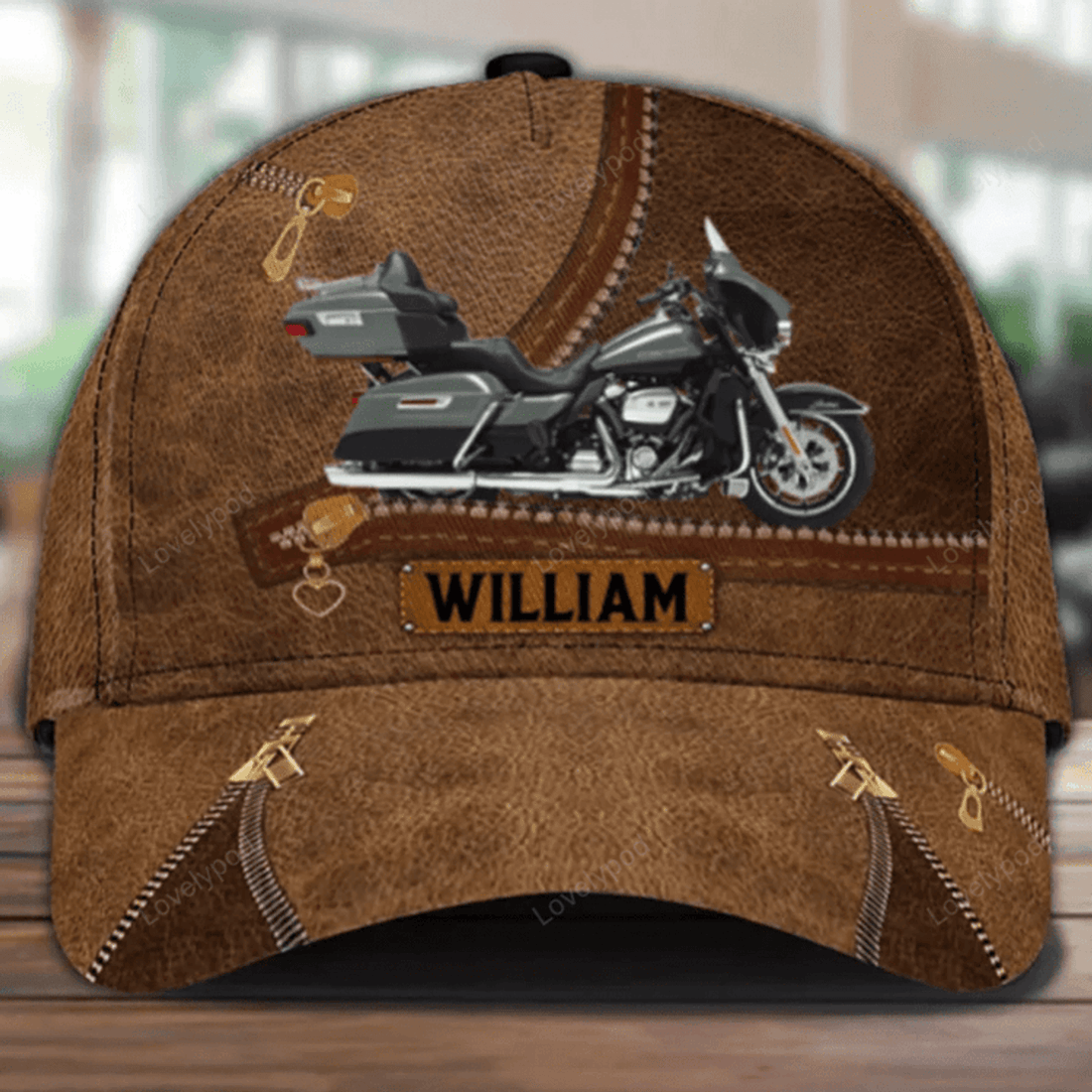 FUNSTUFFPRIT Motorcycle Brown Leather With Zippers Personalized Classic Cap, Gift for Motorcycle Lovers