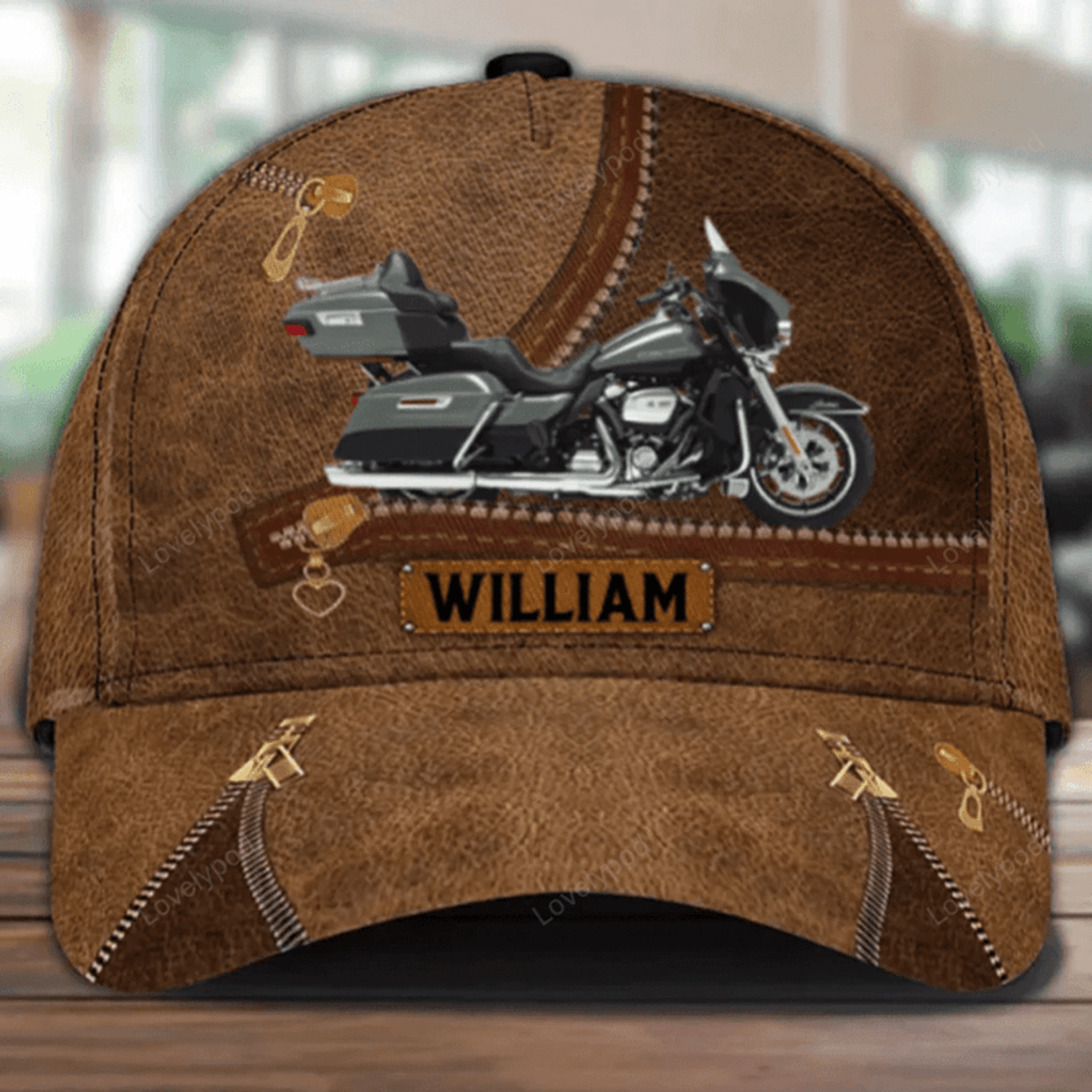 FUNSTUFFPRIT Motorcycle Brown Leather With Zippers Personalized Classic Cap, Gift for Motorcycle Lovers