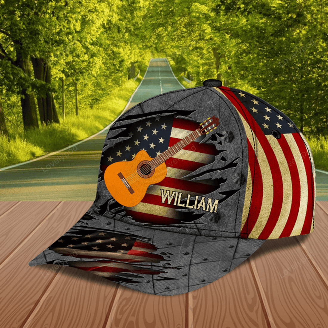 FUNSTUFFPRIT Guitar American Flag With Metal Pattern Personalized Classic Cap, Gift for Music Lovers, Guitar Lovers