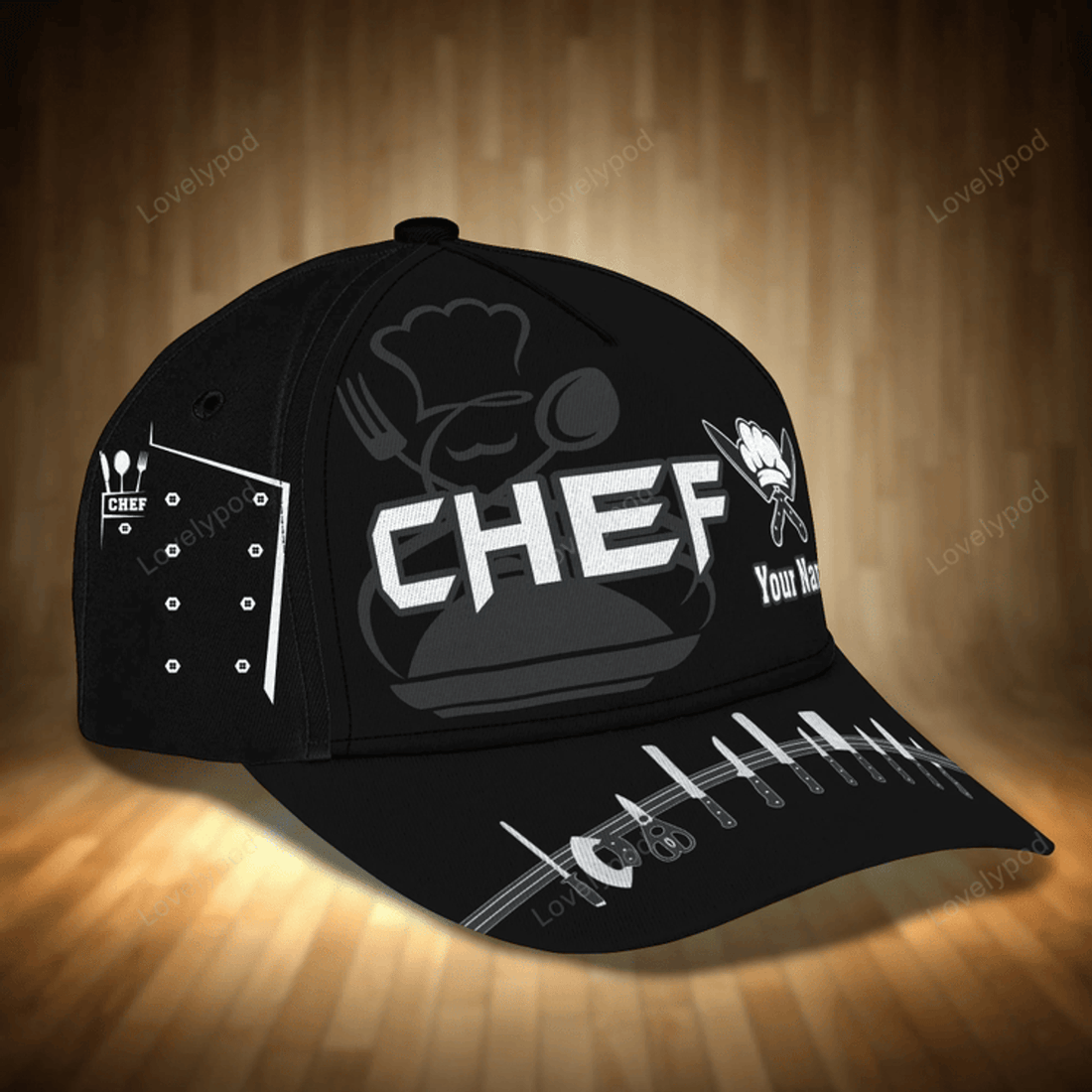 FUNSTUFFPRIT Personalized Black Baseball Chef Cap, 3D All Over Printed Classic Chef Hat, Chef Cap, Present To Master Chef