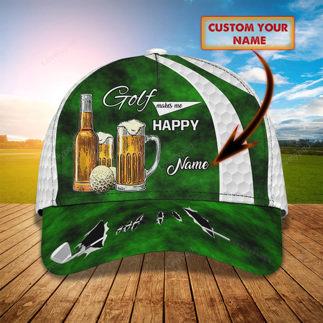 FUNSTUFFPRIT Custom Name Green Cap Golf Woman, Classic 3D Cap Hat For Golfer, Green Golf Cap Hat