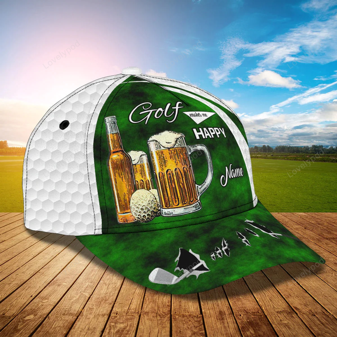 FUNSTUFFPRIT Custom Name Green Cap Golf Woman, Classic 3D Cap Hat For Golfer, Green Golf Cap Hat