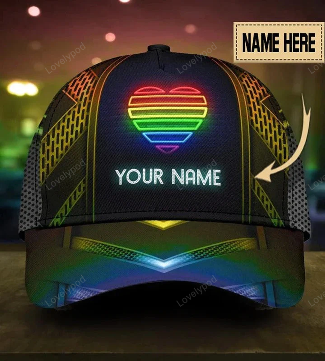 FUNSTUFFPRIT Custom Name Colorful Heart Pride Cap For Couple Gay Man, Be Strong Lgbt Printing Baseball Cap Hat