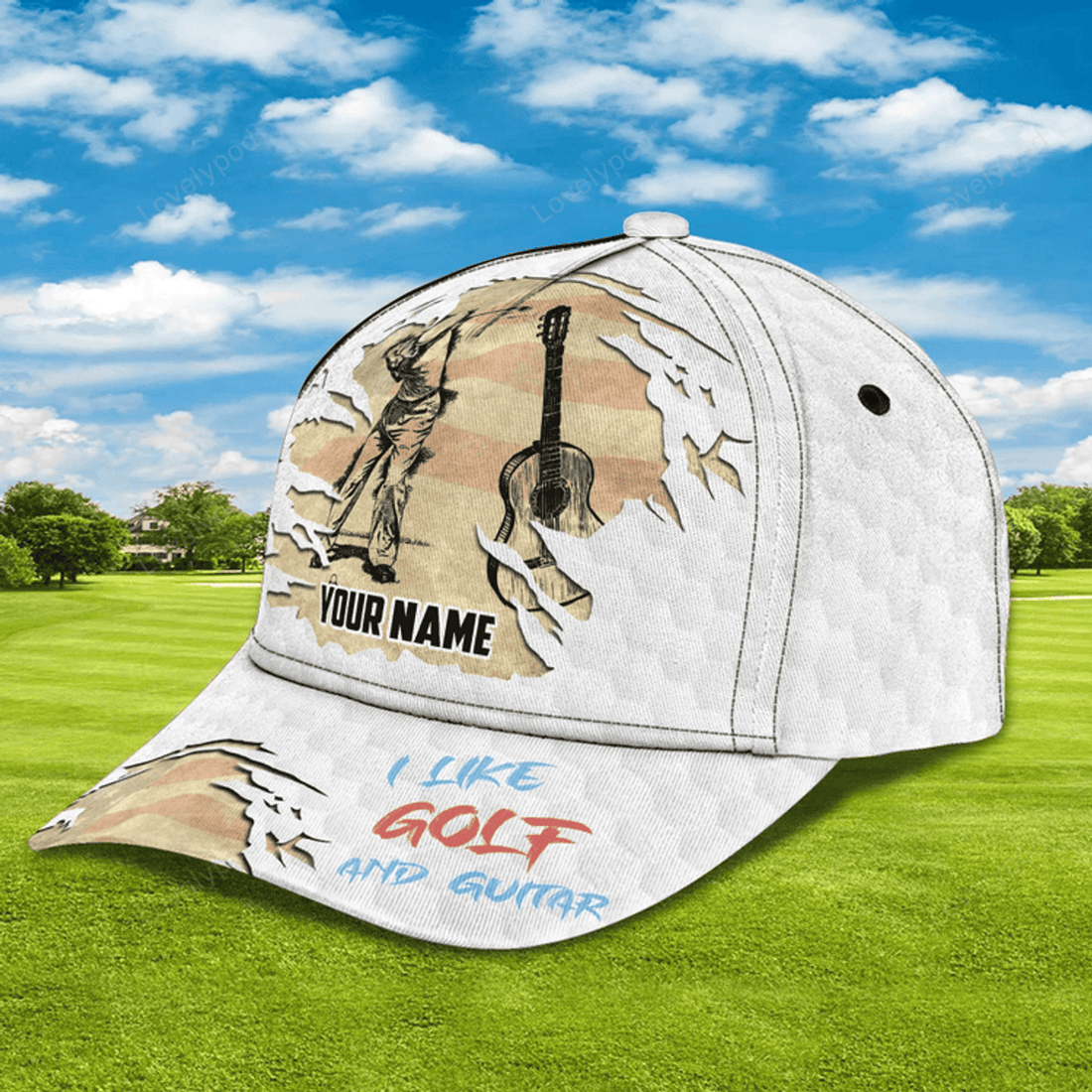 FUNSTUFFPRIT Custom With Name Baseball Cap For Golfer, I Like Golf And Guitar 3D Cap Hat, Golf Hat Mens