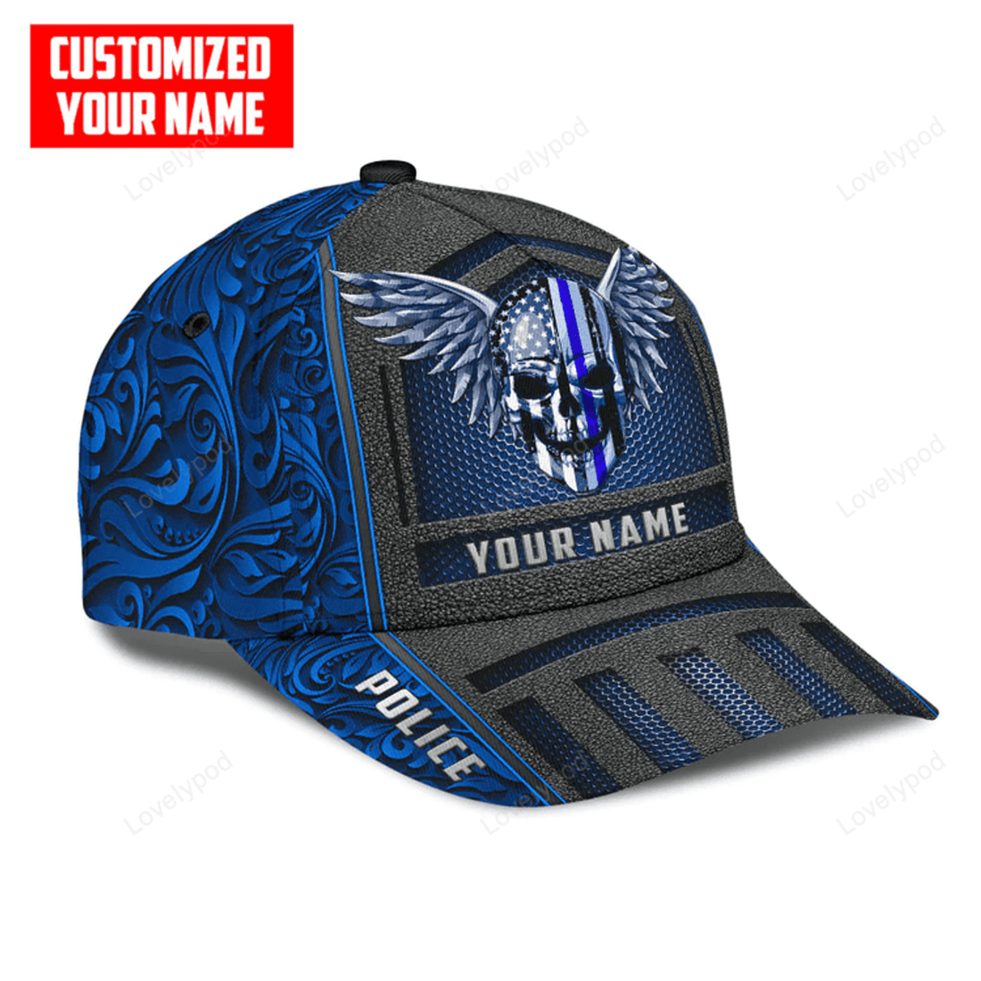 FUNSTUFFPRINT Customized Name Police Skull Classic Cap Blue Skull Baseball Cap Hat