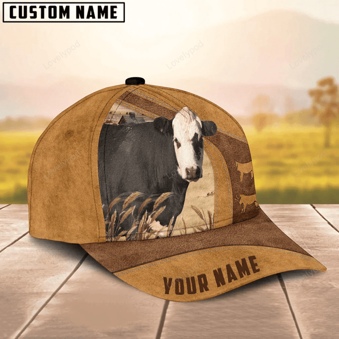 FUNSTUFFPRINT Custom Name Black Hereford Cap, Cow Baseball Hat For Farmer, Gift for cow lover
