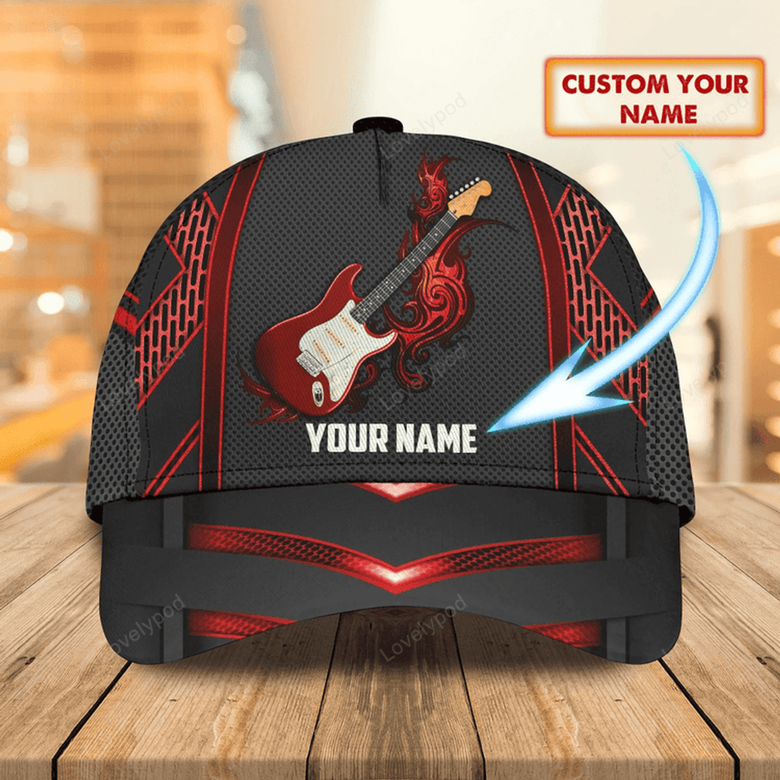 FUNSTUFFPRIT Personalized Baseball Wood Guitar Cap For Musican, Guitarist Cap Hat, Summer Travel Guitar Full Print Cap