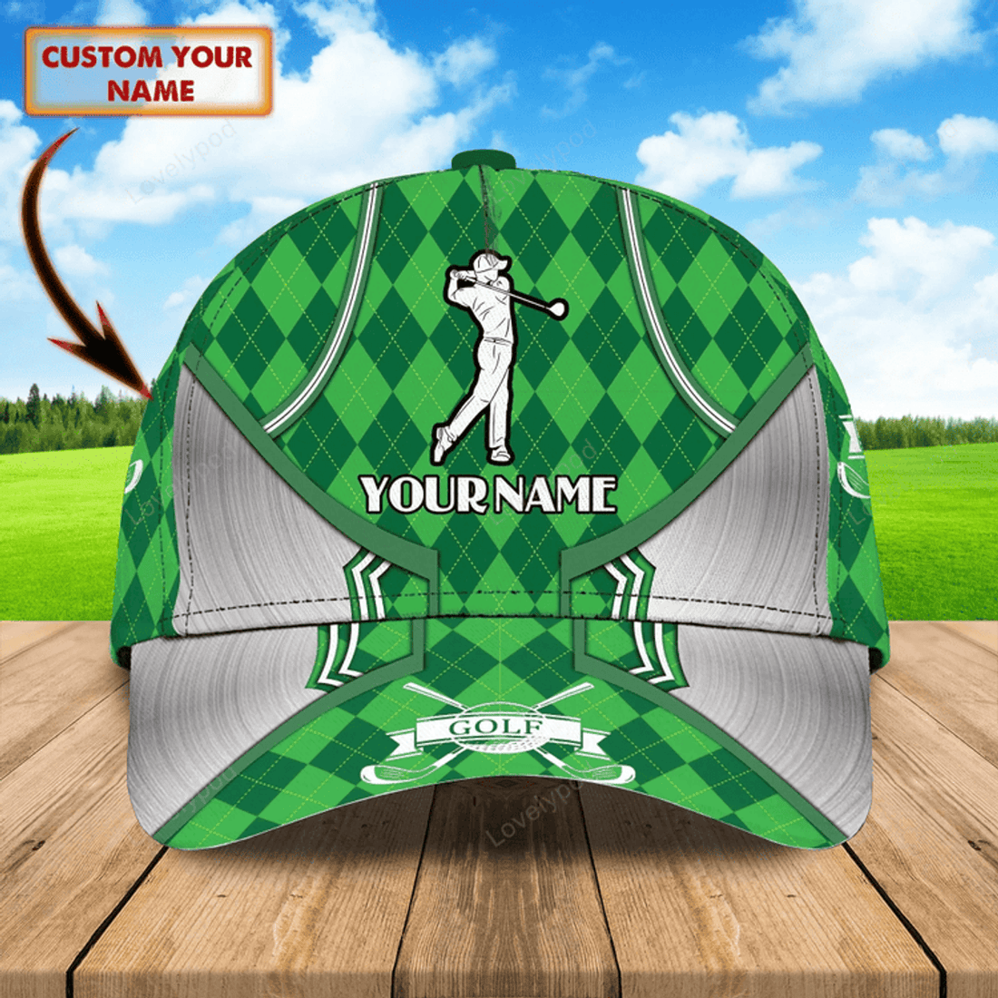 FUNSTUFFPRIT Custom Name Green Cap Golf Woman, Classic 3D Cap Hat For Golfer, Green Golf Cap Hat