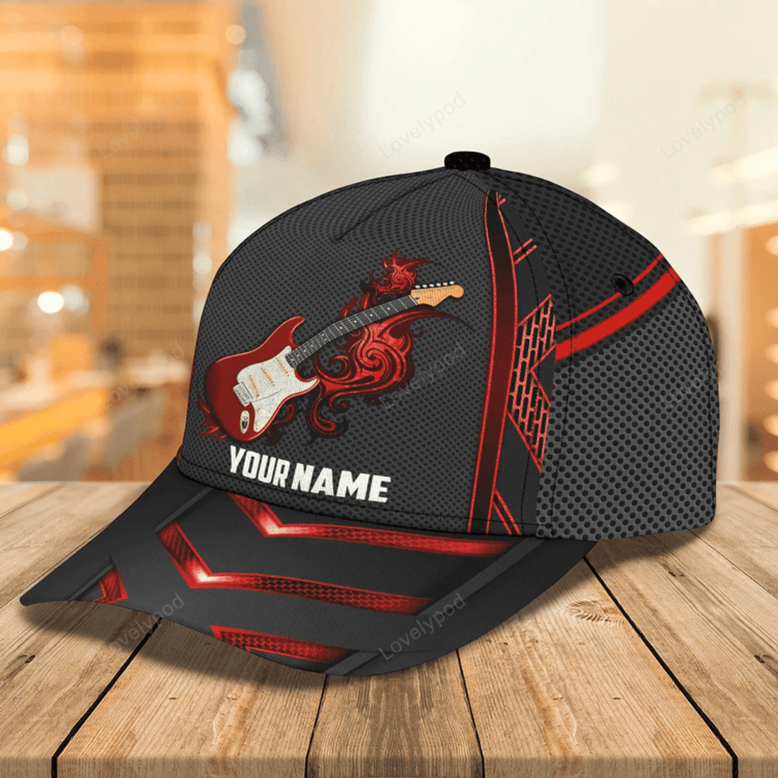 FUNSTUFFPRIT Personalized Baseball Wood Guitar Cap For Musican, Guitarist Cap Hat, Summer Travel Guitar Full Print Cap