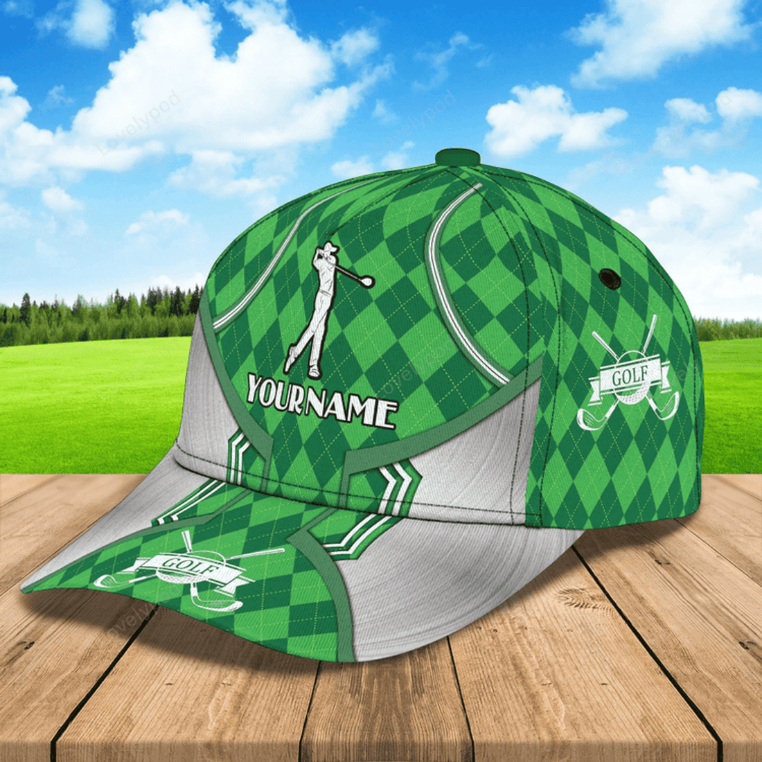 FUNSTUFFPRIT Custom Name Green Cap Golf Woman, Classic 3D Cap Hat For Golfer, Green Golf Cap Hat