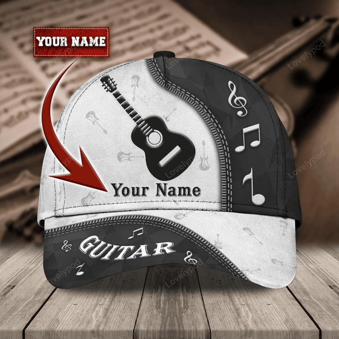 FUNSTUFFPRIT Personalized Baseball Wood Guitar Cap For Musican, Guitarist Cap Hat, Summer Travel Guitar Full Print Cap