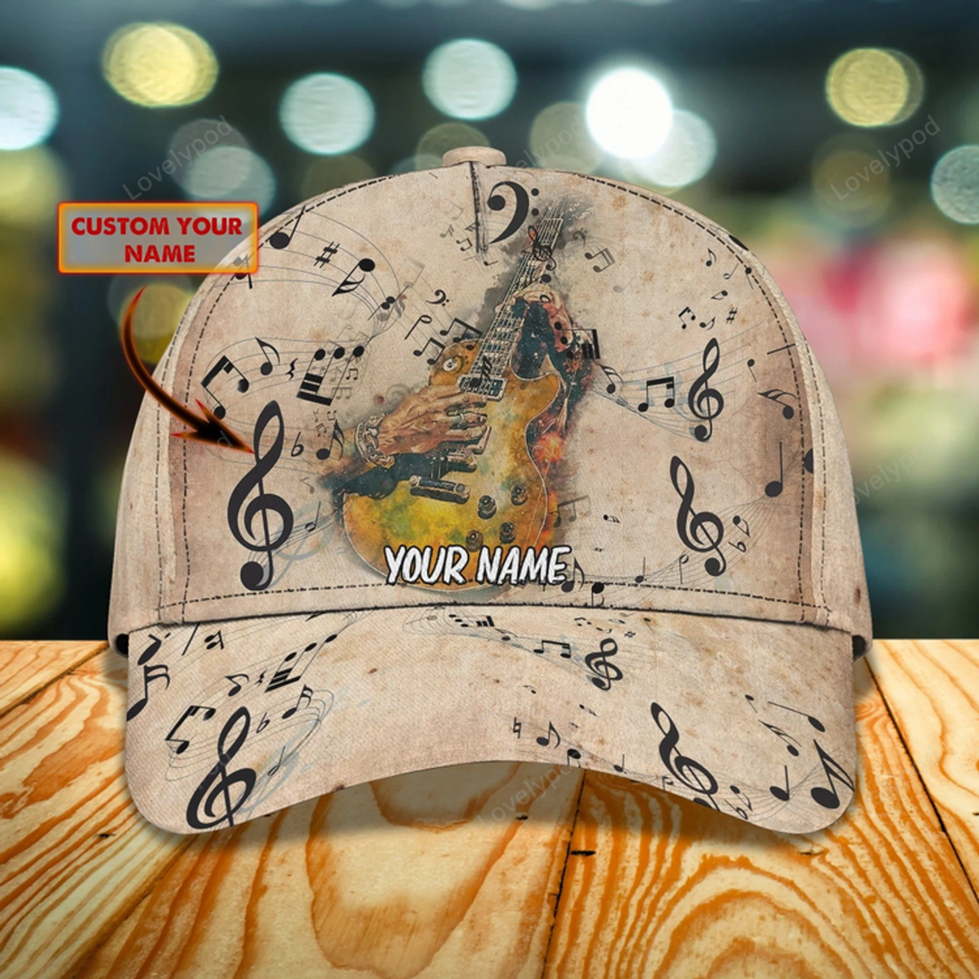 FUNSTUFFPRIT Personalized Baseball Wood Guitar Cap For Musican, Guitarist Cap Hat, Summer Travel Guitar Full Print Cap