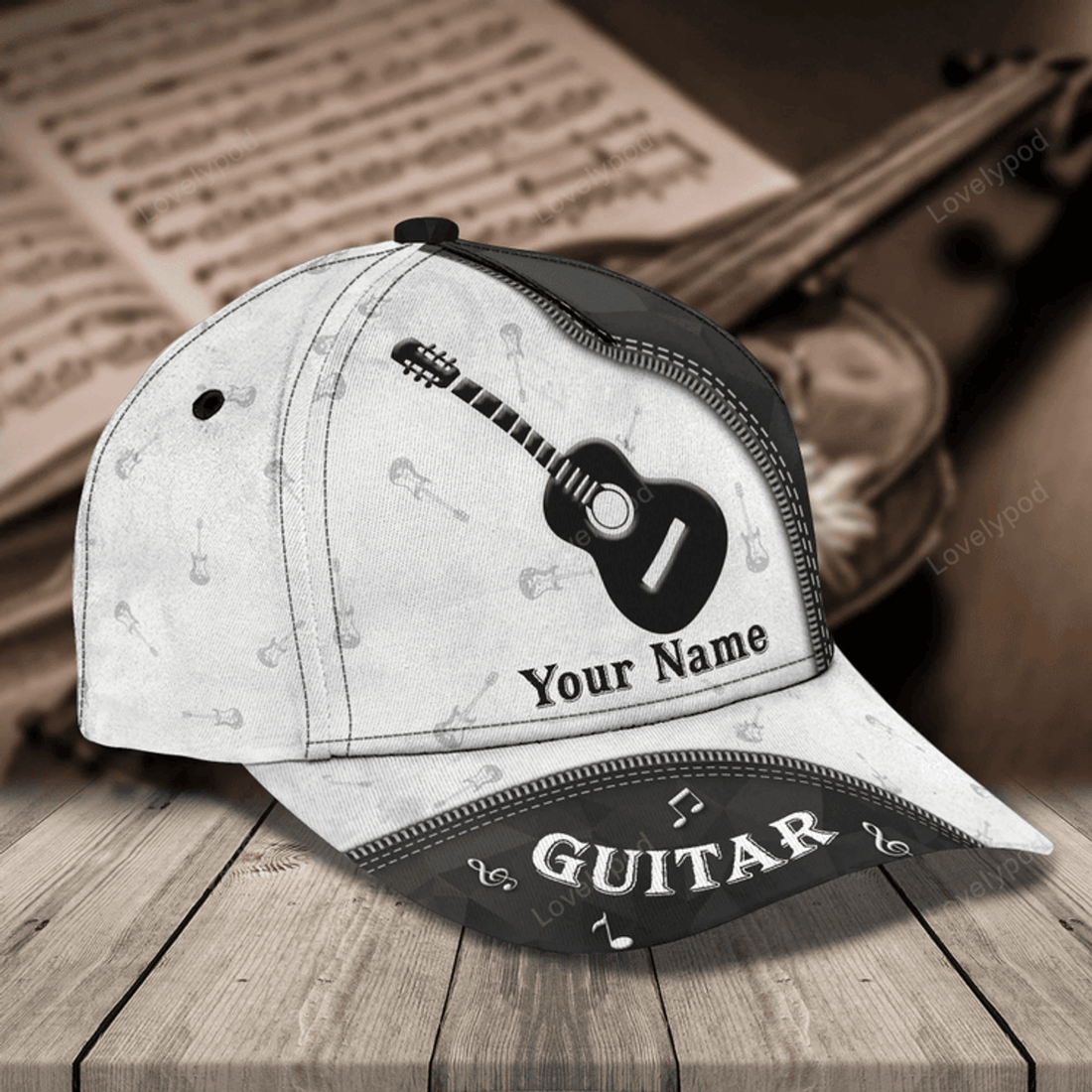 FUNSTUFFPRIT Personalized Baseball Wood Guitar Cap For Musican, Guitarist Cap Hat, Summer Travel Guitar Full Print Cap