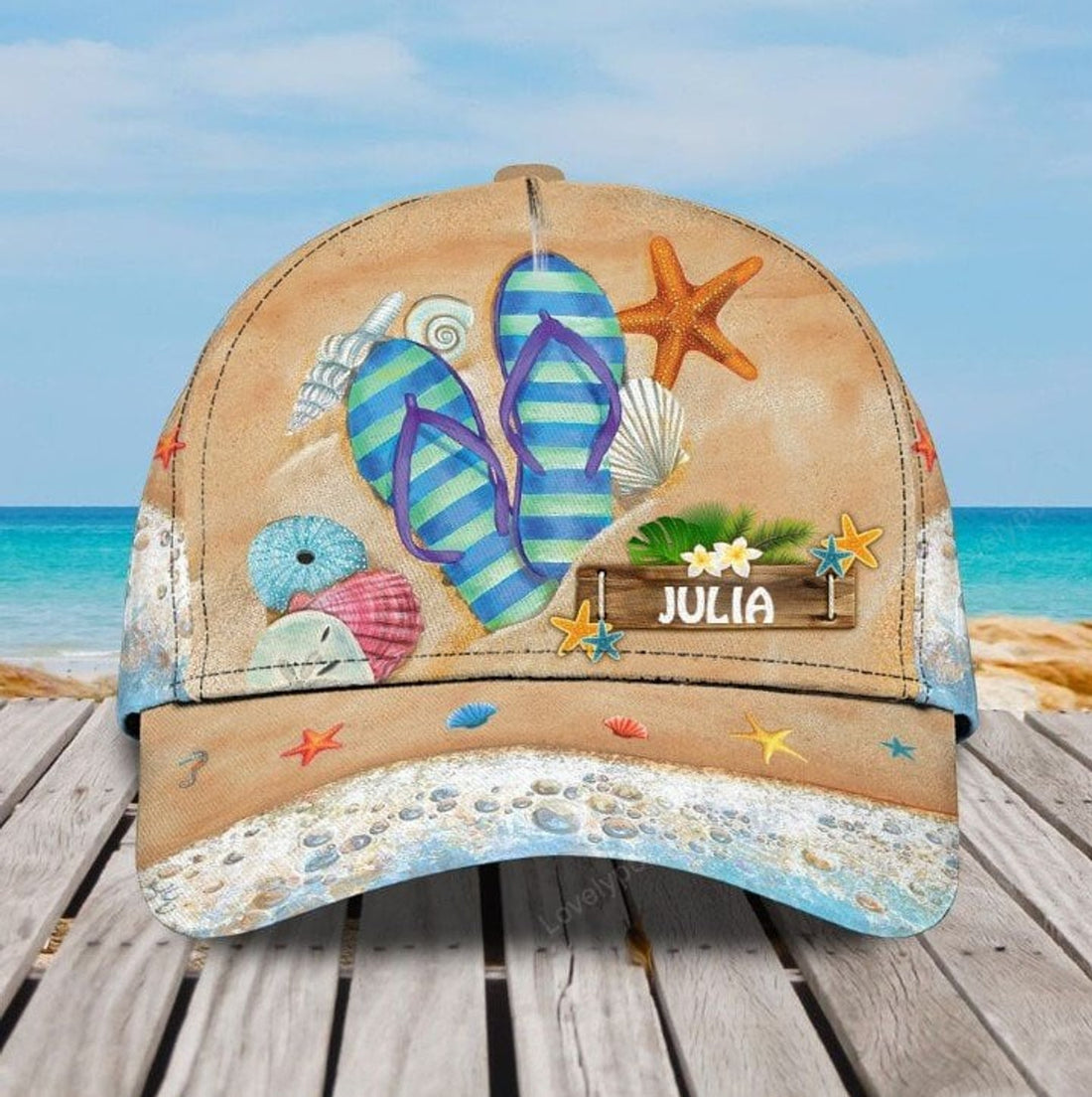 FUNSTUFFPRIT Summer Personalized Seashell Beach Turtle 3D Baseball Cap for Girl, Beach Turtle Hat for Daughter