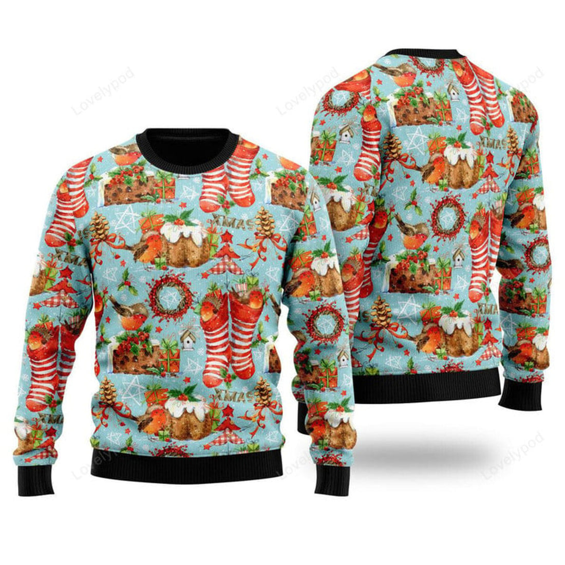 FUNSTUFFPRINT Cozy Robin Bird Christmas Ugly Christmas Sweater For Men & Women Ugly Sweater
