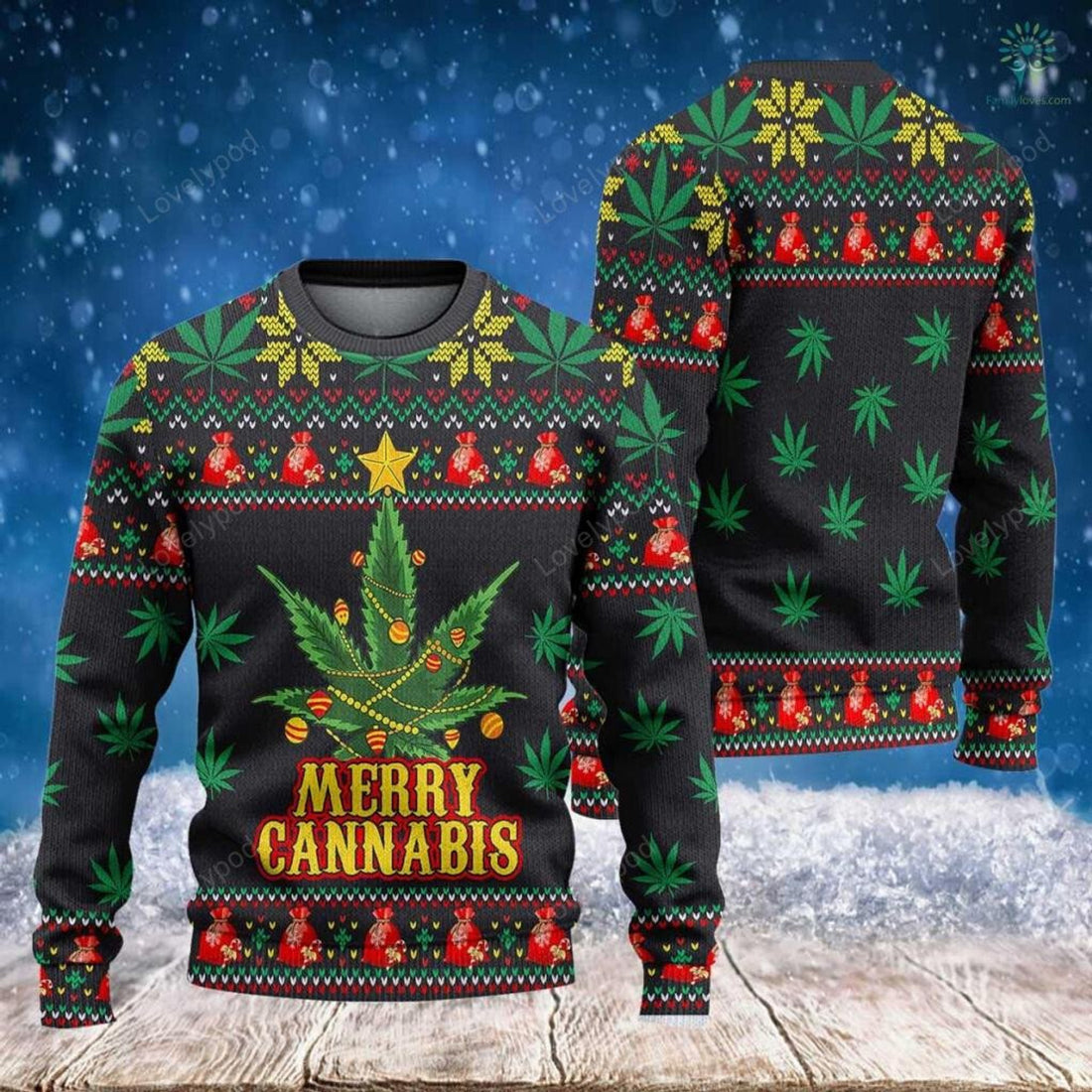 FUNSTUFFPRINT Merry Cannabis - Knitted Sweaters - Ugly Christmas Sweater- Funny Christmast - Christmas Funny Sweater, Christmas Sweater Ugly Sweater