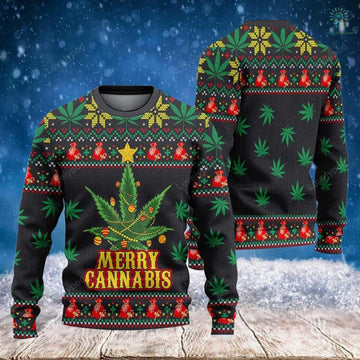 FUNSTUFFPRINT Merry Cannabis - Knitted Sweaters - Ugly Christmas Sweater- Funny Christmast - Christmas Funny Sweater, Christmas Sweater Ugly Sweater
