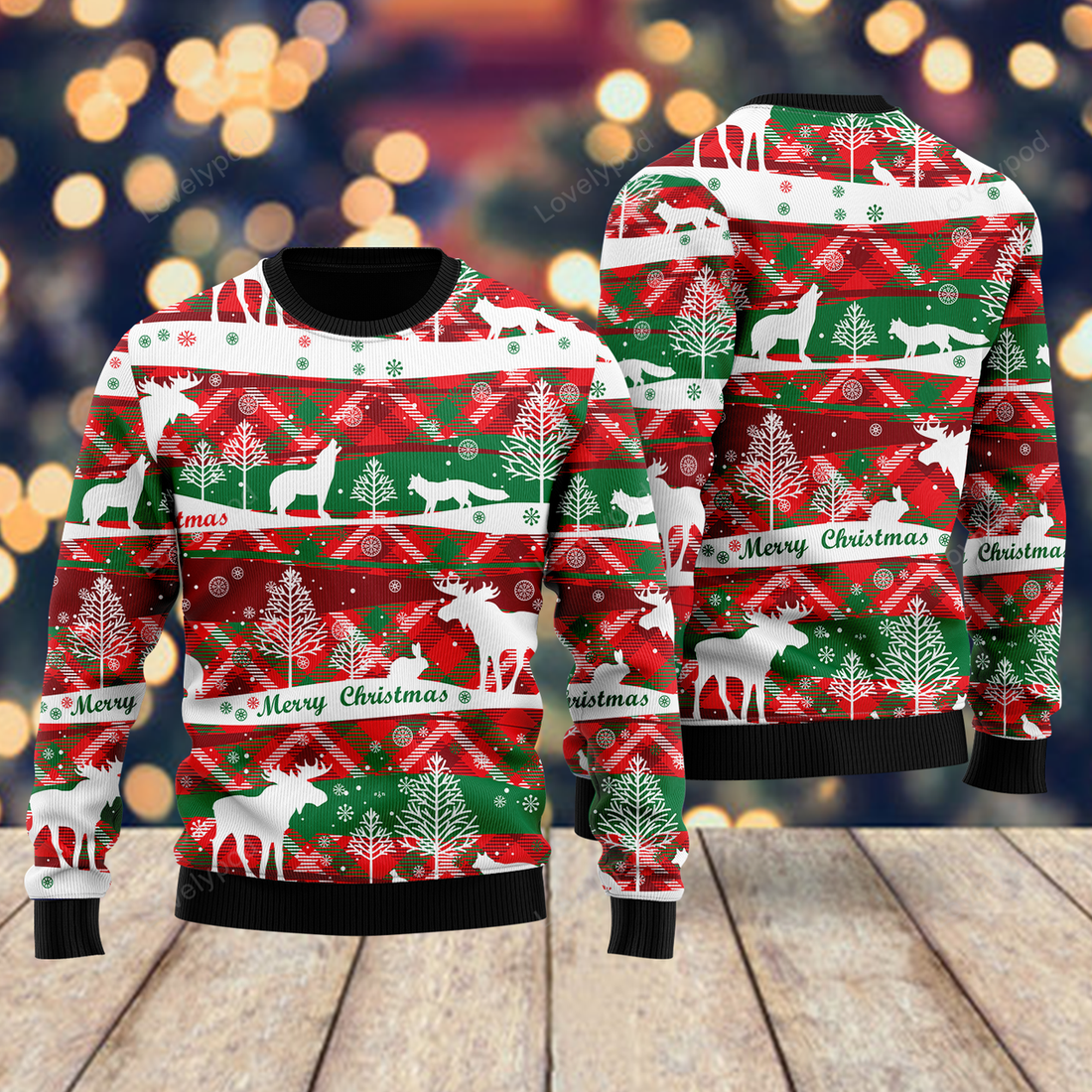 FUNSTUFFPRINT Howling Wolf In Snow Forest Pattern Christmas Sweater For Men & Women Ugly Sweater