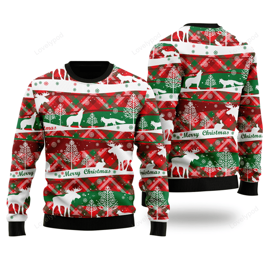 FUNSTUFFPRINT Howling Wolf In Snow Forest Pattern Christmas Sweater For Men & Women Ugly Sweater