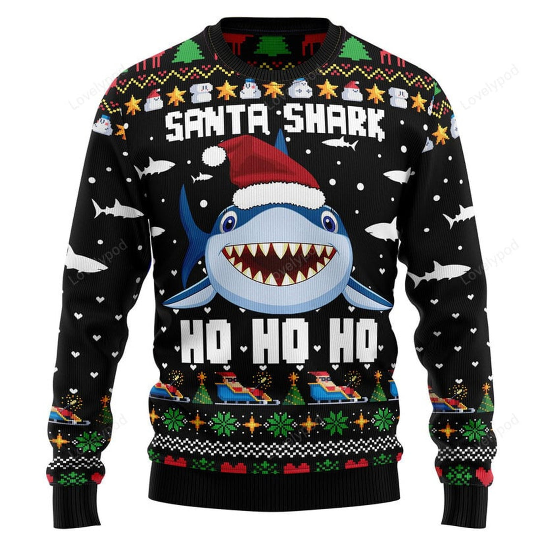 FUNSTUFFPRINT Santa Shark Ho Ho Ho Ugly Christmas Sweater Ugly Sweater